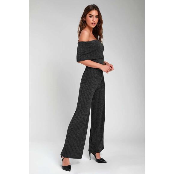 Lulus Always Styling Charcoal Grey Off-the-Shoulder Ribbed Jumpsuit Size Small - Picture 2 of 14